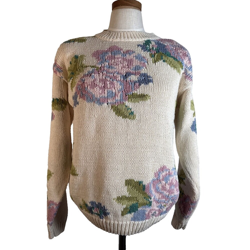 Vintage Medium Gallagher Floral Cotton Granny Cottage Core Sweater Ivory  80s 90
